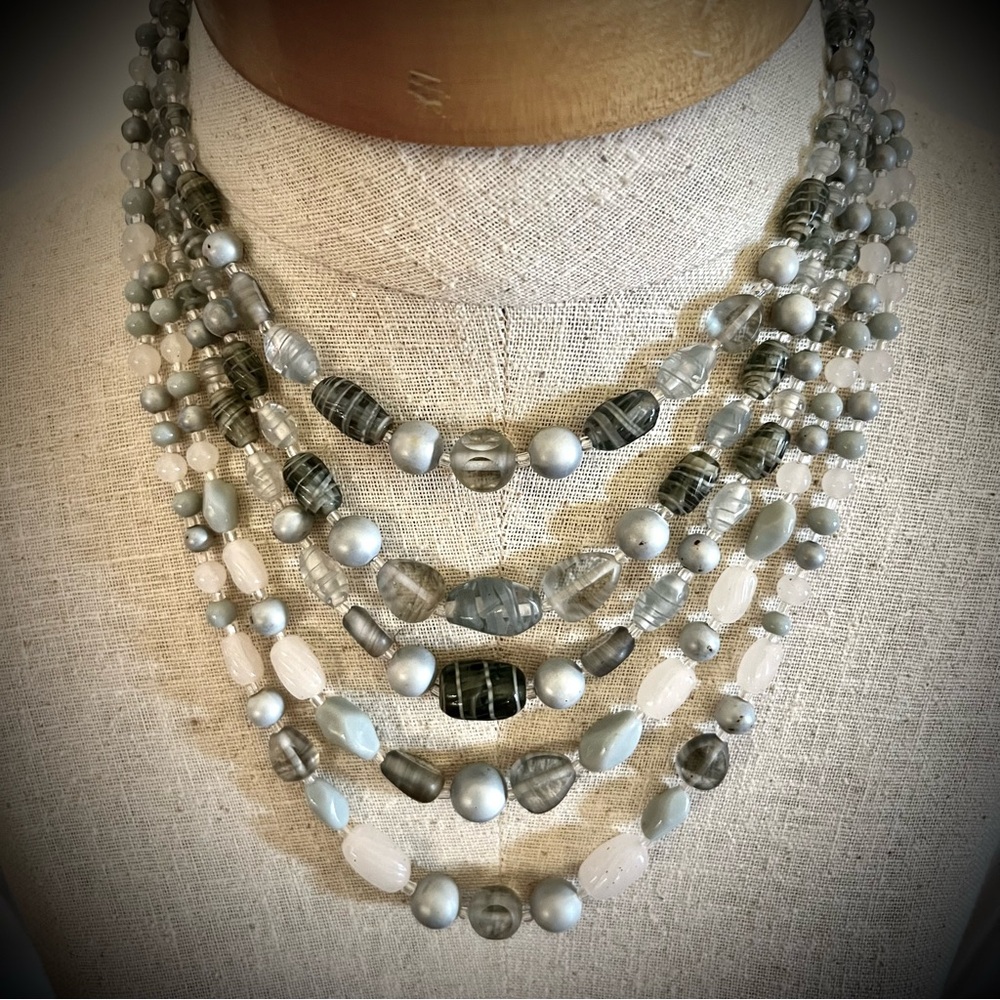 Vintage Art Glass Beaded Multi Strand Gray Silver Retro Necklace